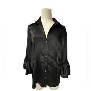 BCBG Max Azria women's black 3/4‎ bell sleeve button down shiny shirt, Size: M